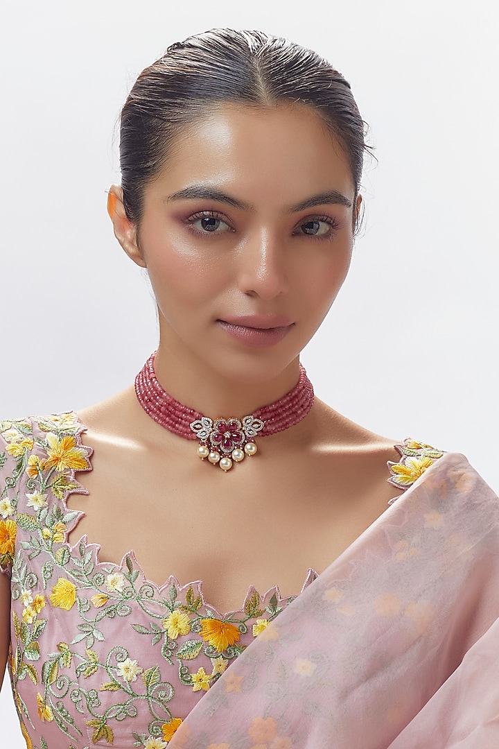 Gold Finish Moissanite Polki & Ruby Stone Choker Necklace In Sterling Silver by Hunar at Pernia's Pop Up Shop