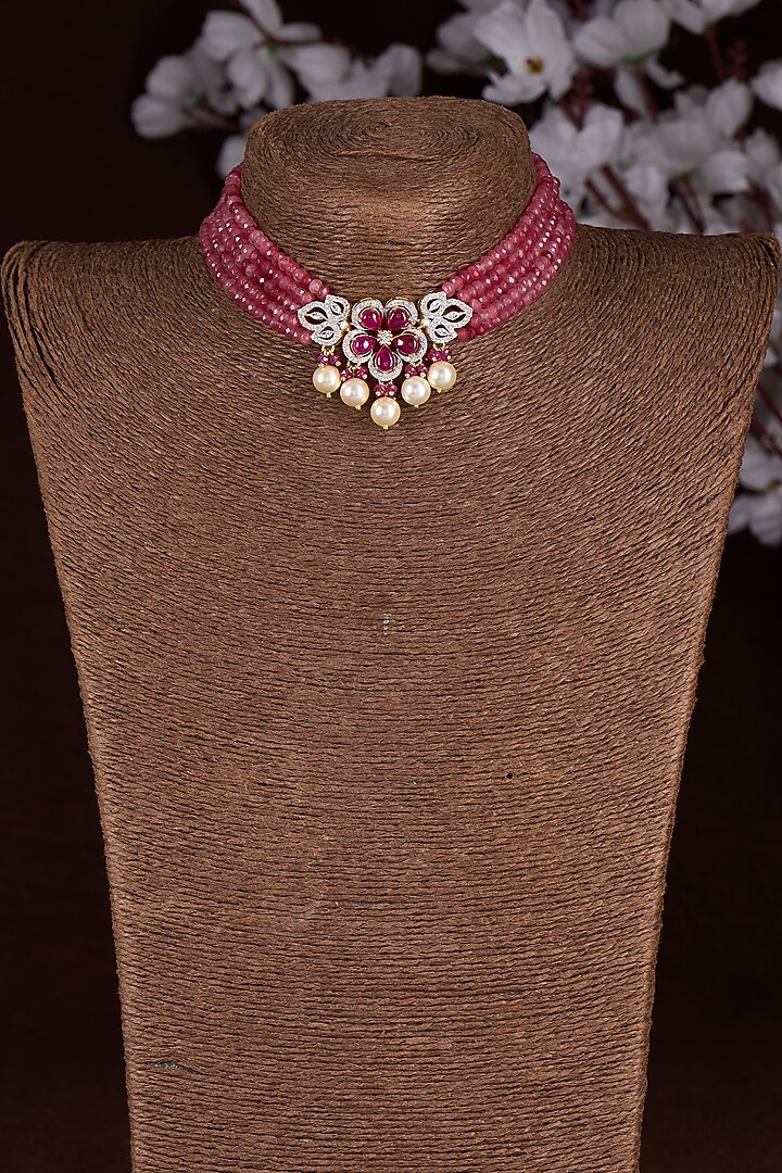 Gold Finish Moissanite Polki & Ruby Stone Choker Necklace In Sterling Silver by Hunar at Pernia's Pop Up Shop
