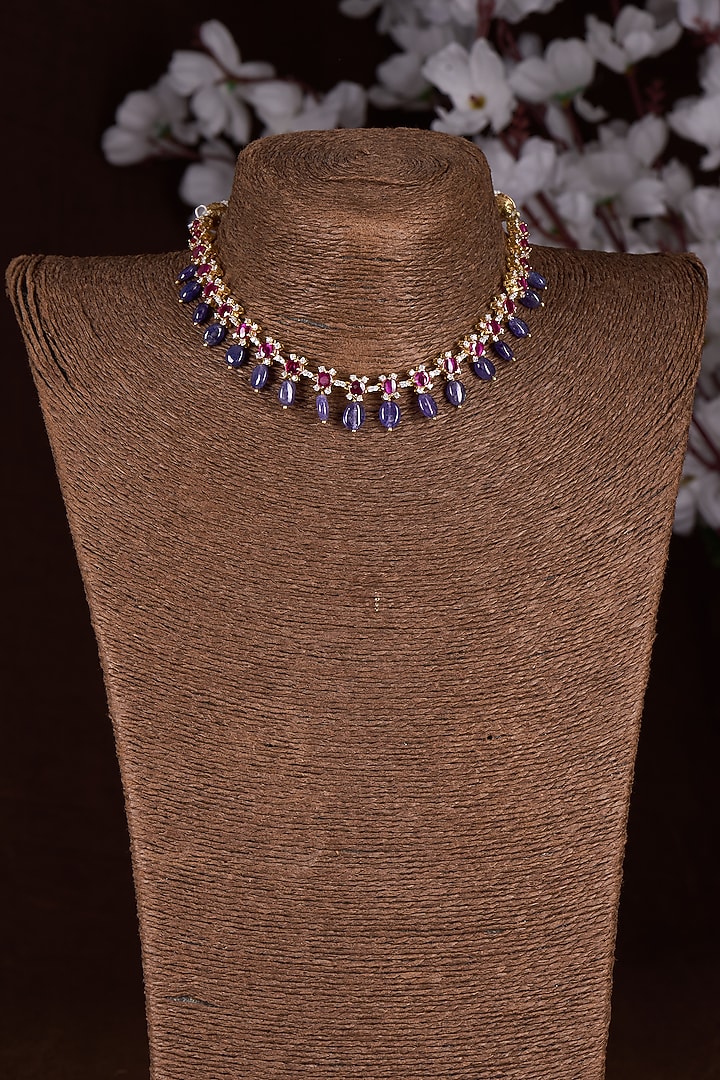 Gold Finish Moissanite Polki & Multi-Colored Stone Necklace In Sterling Silver by Hunar at Pernia's Pop Up Shop