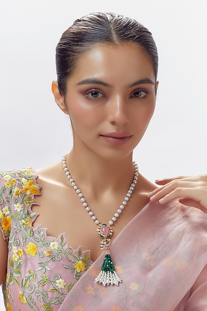 Gold Finish Moissanite Polki & Multi-Colored Stone Long Necklace In Sterling Silver by Hunar at Pernia's Pop Up Shop