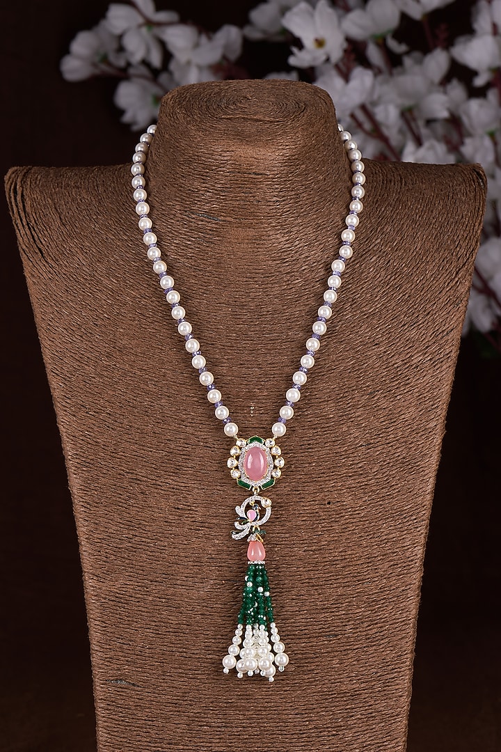 Gold Finish Moissanite Polki & Multi-Colored Stone Long Necklace In Sterling Silver by Hunar at Pernia's Pop Up Shop