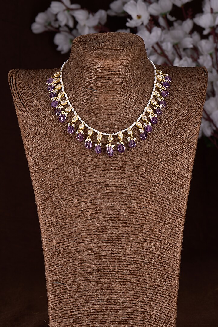 Gold Finish Moissanite Polki & Purple Stone Necklace In Sterling Silver by Hunar at Pernia's Pop Up Shop