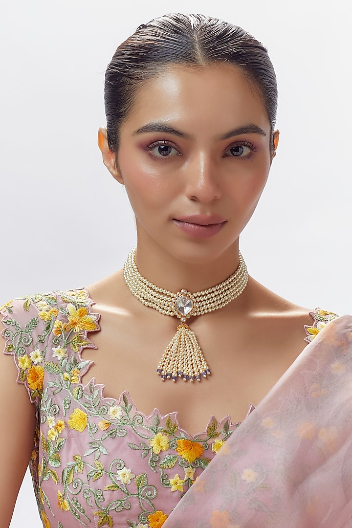 Gold Finish Moissanite Polki & Pearl Choker Necklace In Sterling Silver by Hunar at Pernia's Pop Up Shop