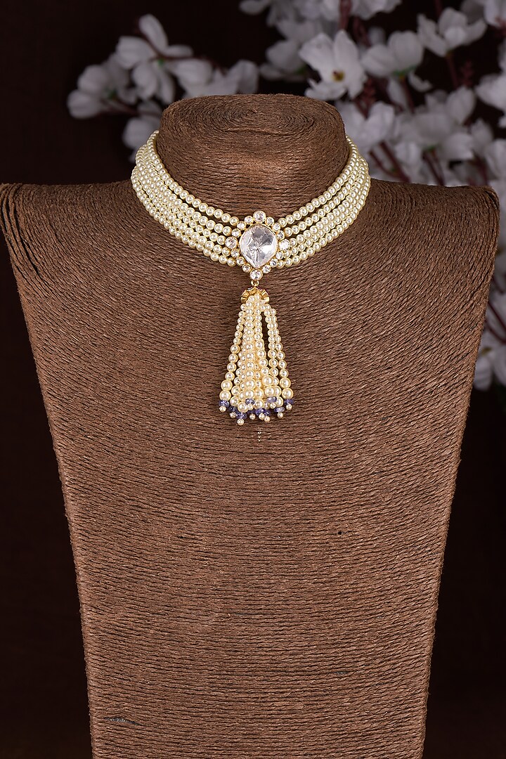 Gold Finish Moissanite Polki & Pearl Choker Necklace In Sterling Silver by Hunar at Pernia's Pop Up Shop