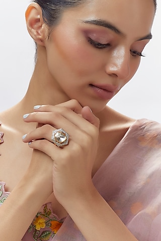 Gold Finish Moissanite Polki Ring In Sterling Silver by Hunar