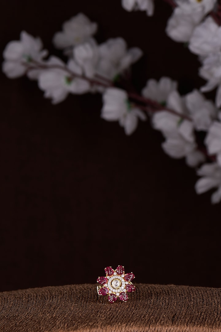 Gold Finish Moissanite Polk & Red Synthetic Stone Ring In Sterling Silver by Hunar at Pernia's Pop Up Shop