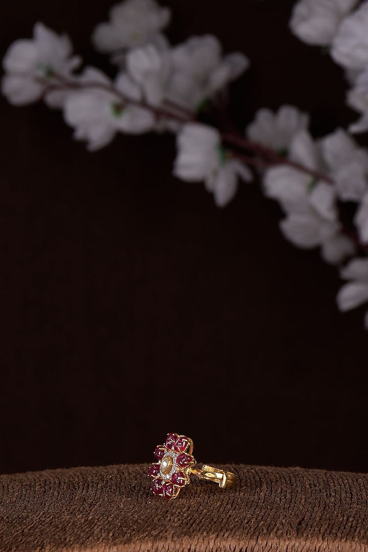 Gold Finish Moissanite Polk & Red Synthetic Stone Ring In Sterling Silver by Hunar at Pernia's Pop Up Shop