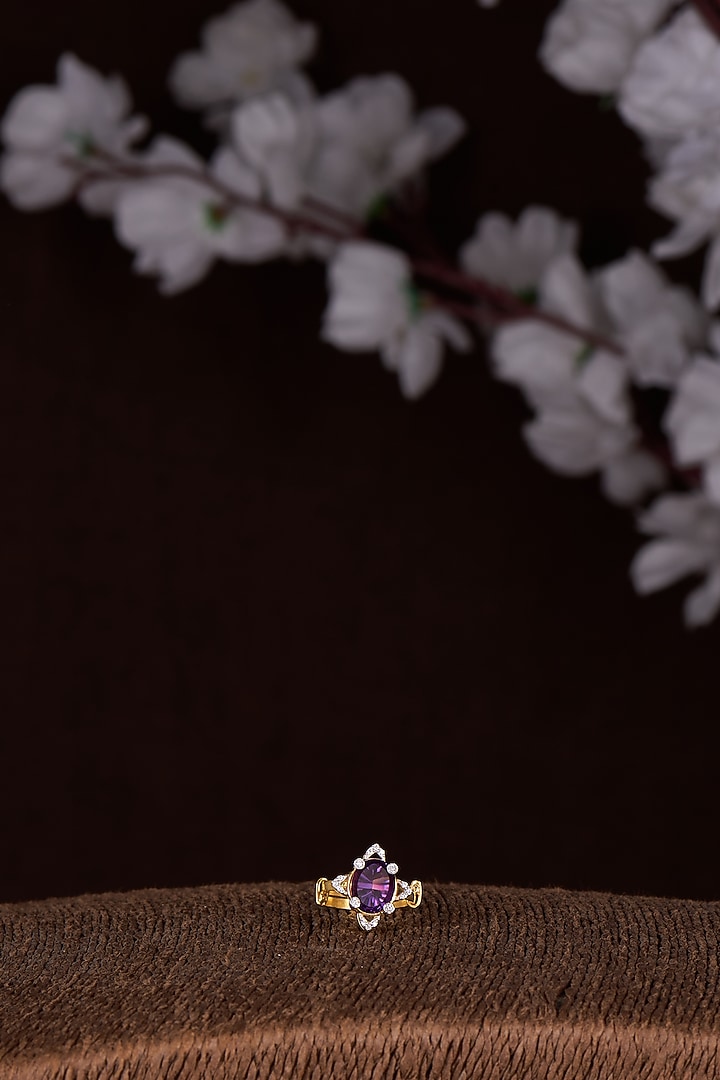 Gold Finish Moissanite Polk & Purple Synthetic Stone Ring In Sterling Silver by Hunar at Pernia's Pop Up Shop