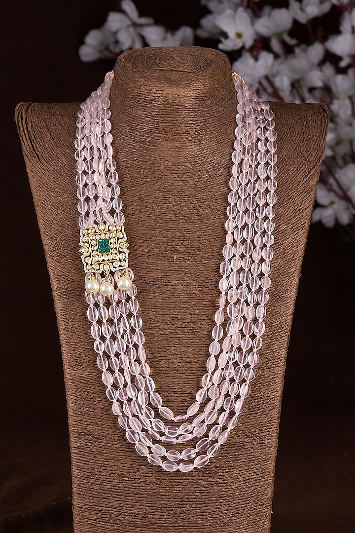 Gold Finish Moissanite Polki & Pink Stone Mala In Sterling Silver by Hunar at Pernia's Pop Up Shop