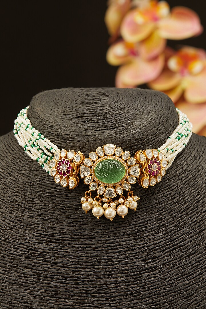 Gold Finish Faux Emeralds & Rubies Necklace In Sterling Silver by Hunar at Pernia's Pop Up Shop