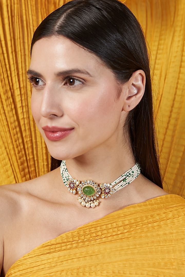 Gold Finish Faux Emeralds & Rubies Necklace In Sterling Silver by Hunar