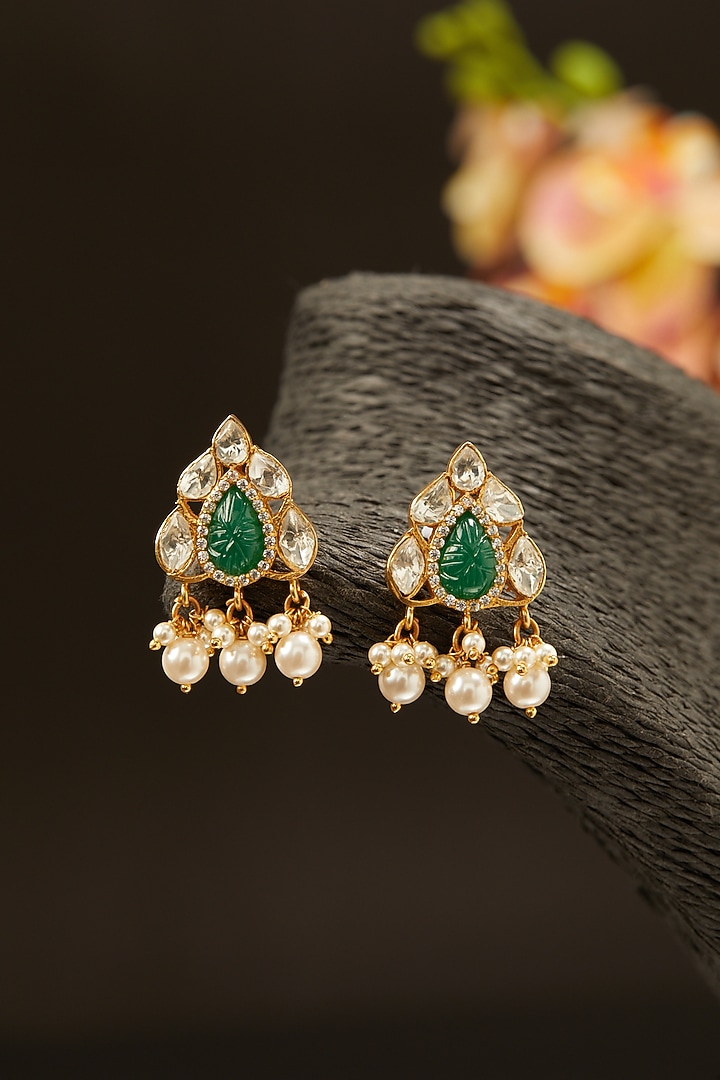 Gold Finish Moissanite & Emerald Synthetic Stones Earrings In Sterling Silver by Hunar at Pernia's Pop Up Shop