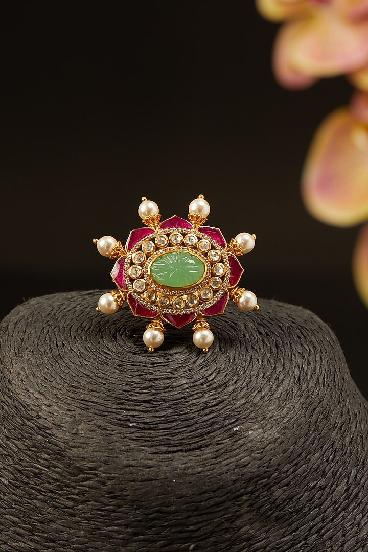 Gold Finish Faux Emerald & Rubies Ring In Sterling Silver by Hunar at Pernia's Pop Up Shop