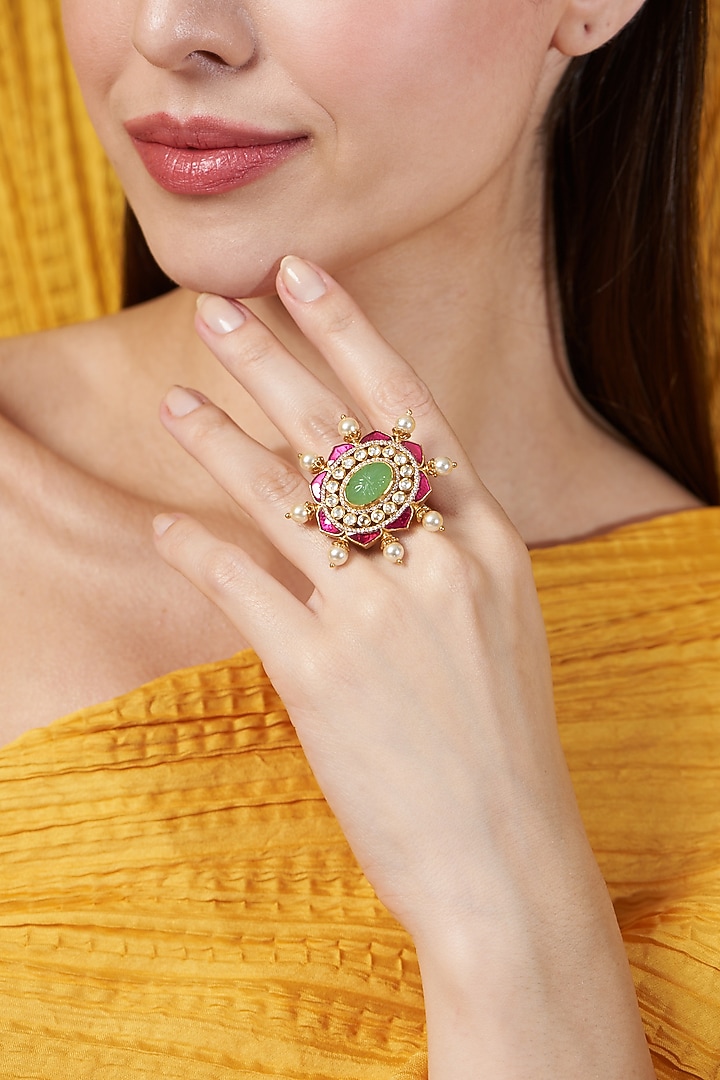Gold Finish Faux Emerald & Rubies Ring In Sterling Silver by Hunar at Pernia's Pop Up Shop