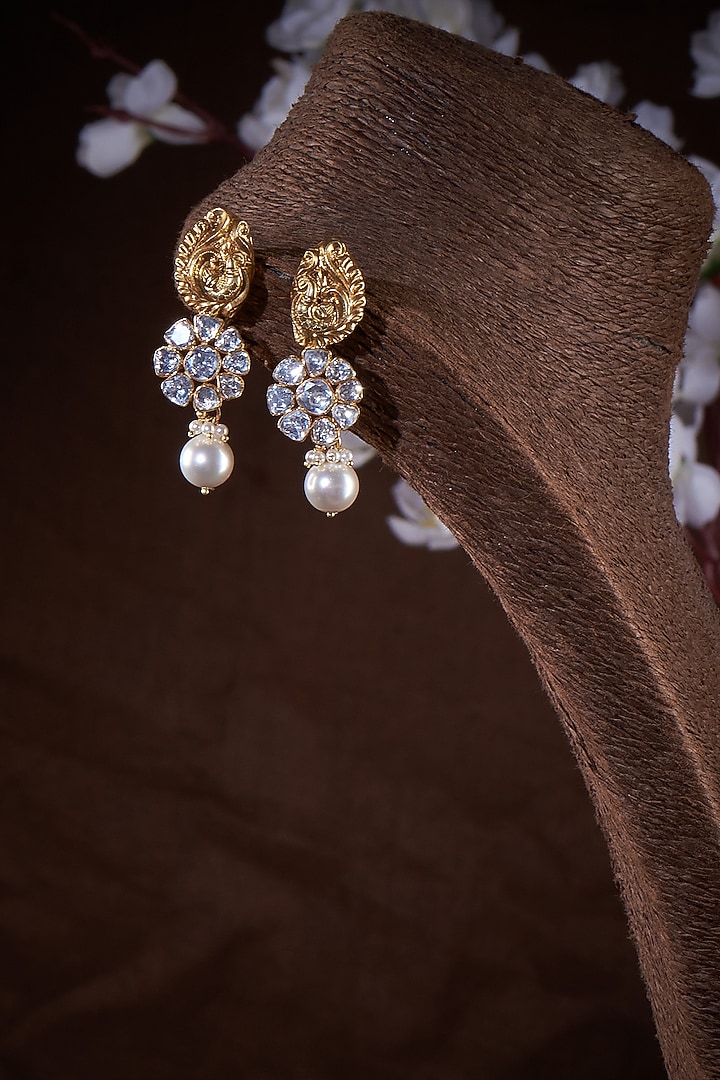 Gold Finish Moissanite Polki Dangler Earrings In Sterling Silver by Hunar at Pernia's Pop Up Shop