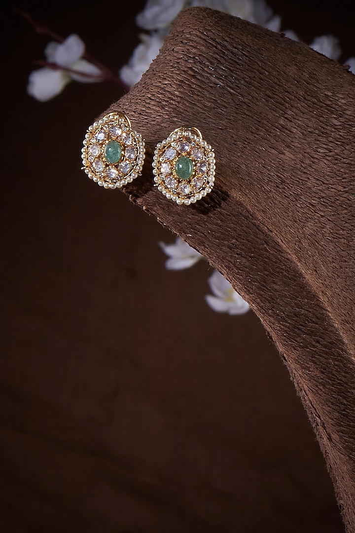 Gold Finish Moissanite Polki & Green Stone Stud Earrings In Sterling Silver by Hunar at Pernia's Pop Up Shop