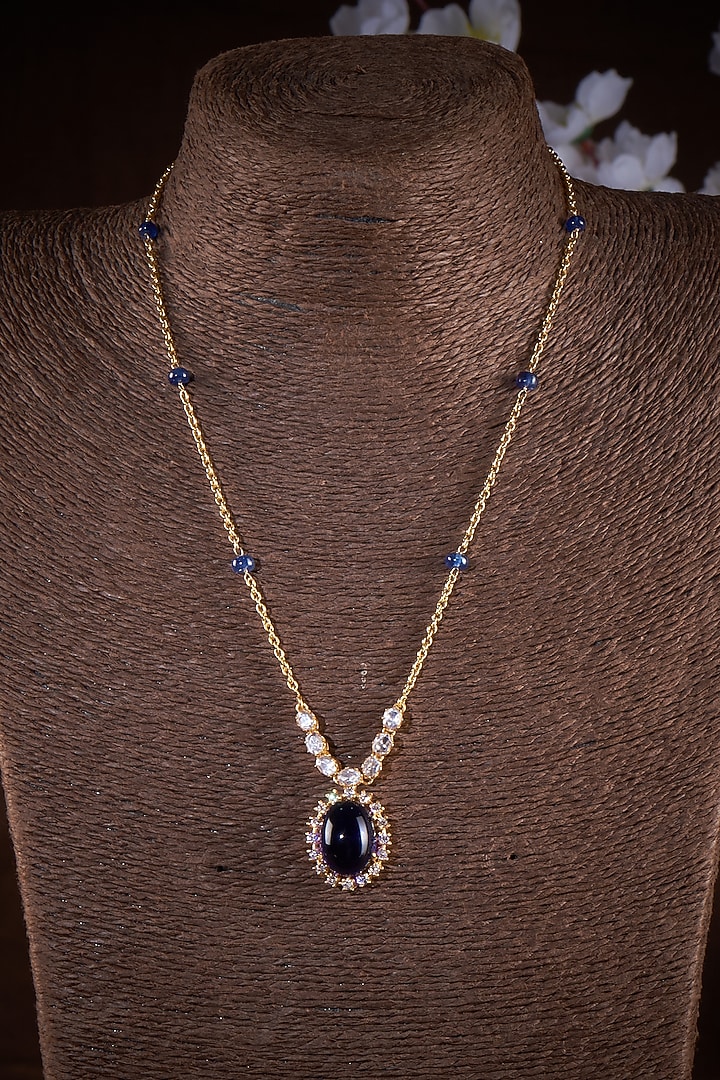 Gold Finish Moissanite Polki & Blue Stone Necklace In Sterling Silver by Hunar at Pernia's Pop Up Shop