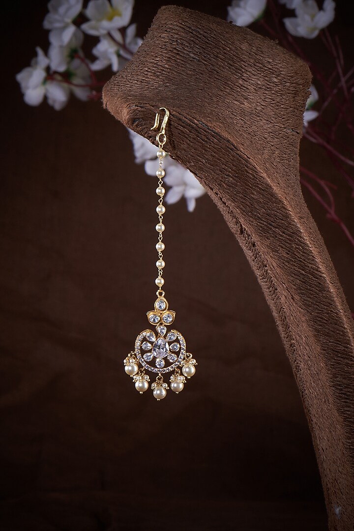 Gold Finish Moissanite Polki & Pearl Maangtikka In Sterling Silver by Hunar at Pernia's Pop Up Shop