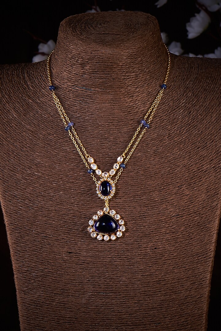 Gold Finish Moissanite Polki & Blue Stone Layered Necklace In Sterling Silver by Hunar at Pernia's Pop Up Shop