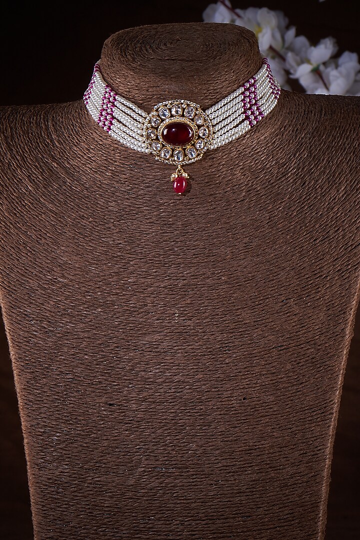 Gold Finish Pearl & Moissanite Polki Choker Necklace In Sterling Silver by Hunar at Pernia's Pop Up Shop