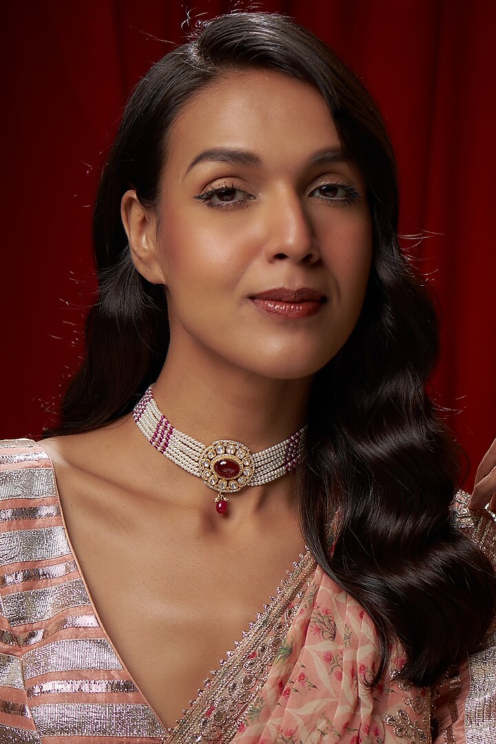 Gold Finish Pearl & Moissanite Polki Choker Necklace In Sterling Silver by Hunar at Pernia's Pop Up Shop