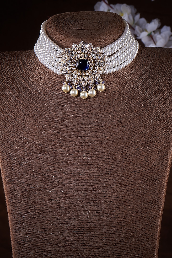 Gold Finish Pearls And Moissanite Polki Choker Necklace In Sterling Silver Design By Hunar At