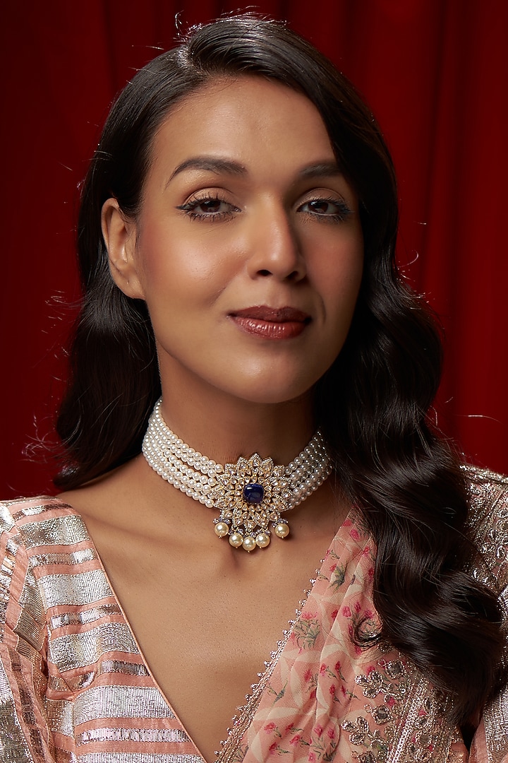 Gold Finish Pearls & Moissanite Polki Choker Necklace In Sterling Silver by Hunar at Pernia's Pop Up Shop