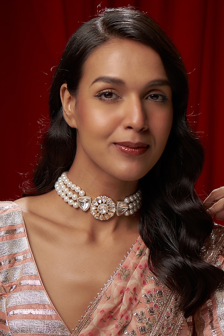 Gold Finish Pearls & Moissanite Polki Choker Necklace In Sterling Silver by Hunar at Pernia's Pop Up Shop