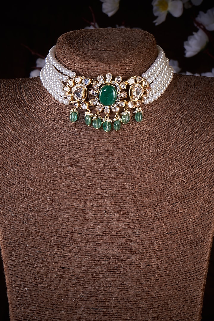 Gold Finish Pearl & Moissanite Polki Choker Necklace In Sterling Silver by Hunar at Pernia's Pop Up Shop