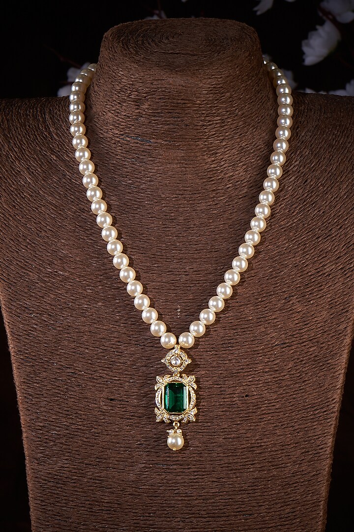 Gold Finish Moissanite Polki & Emerald Necklace In Sterling Silver by Hunar at Pernia's Pop Up Shop