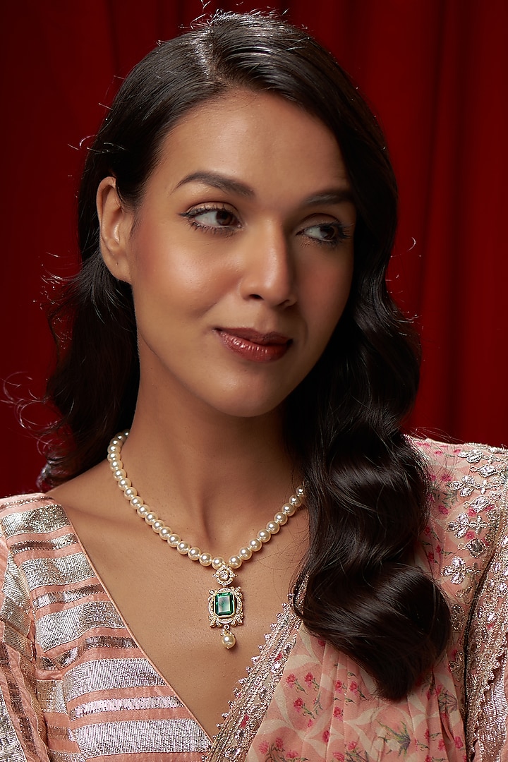 Gold Finish Moissanite Polki & Emerald Necklace In Sterling Silver by Hunar at Pernia's Pop Up Shop