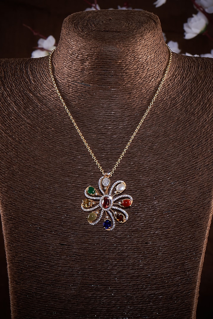Gold Finish Moissanite Polki & Multi-Colored Stone Necklace In Sterling Silver by Hunar at Pernia's Pop Up Shop