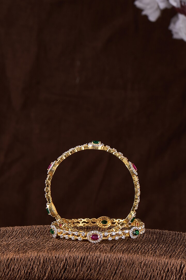Gold Finish Moissanite Polki & Multi-Colored Stone Bangle In Sterling Silver (Set Of 2) by Hunar at Pernia's Pop Up Shop