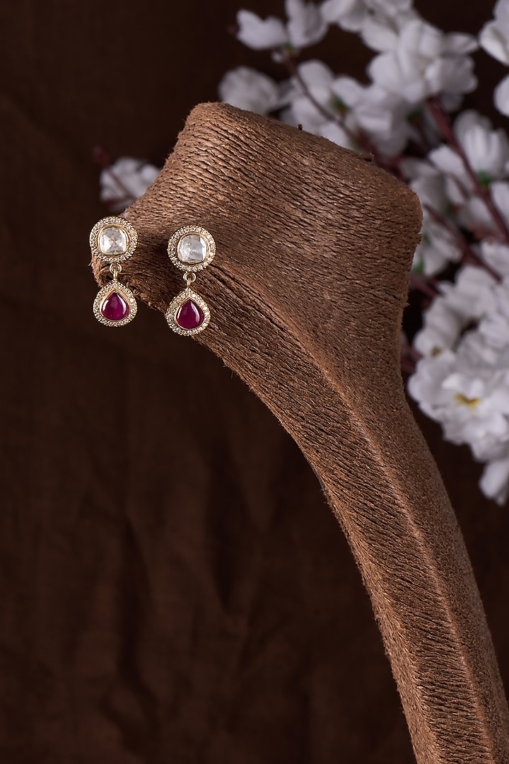 Gold Finish Moissanite Polki & Ruby Stone Dangler Earrings In Sterling Silver by Hunar at Pernia's Pop Up Shop