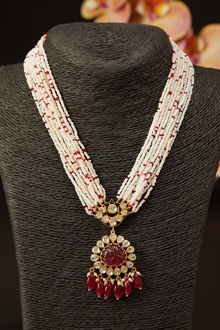 Gold Finish Pearl Necklace In Sterling Silver by Hunar at Pernia's Pop Up Shop
