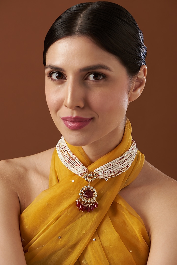 Gold Finish Pearl Necklace In Sterling Silver by Hunar at Pernia's Pop Up Shop