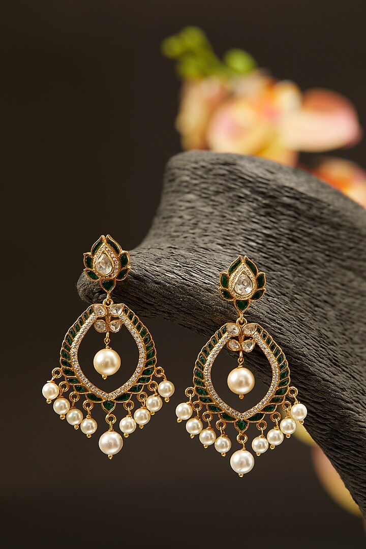 Gold Finish Moissanite Polki Earrings in Sterling Silver by Hunar at Pernia's Pop Up Shop