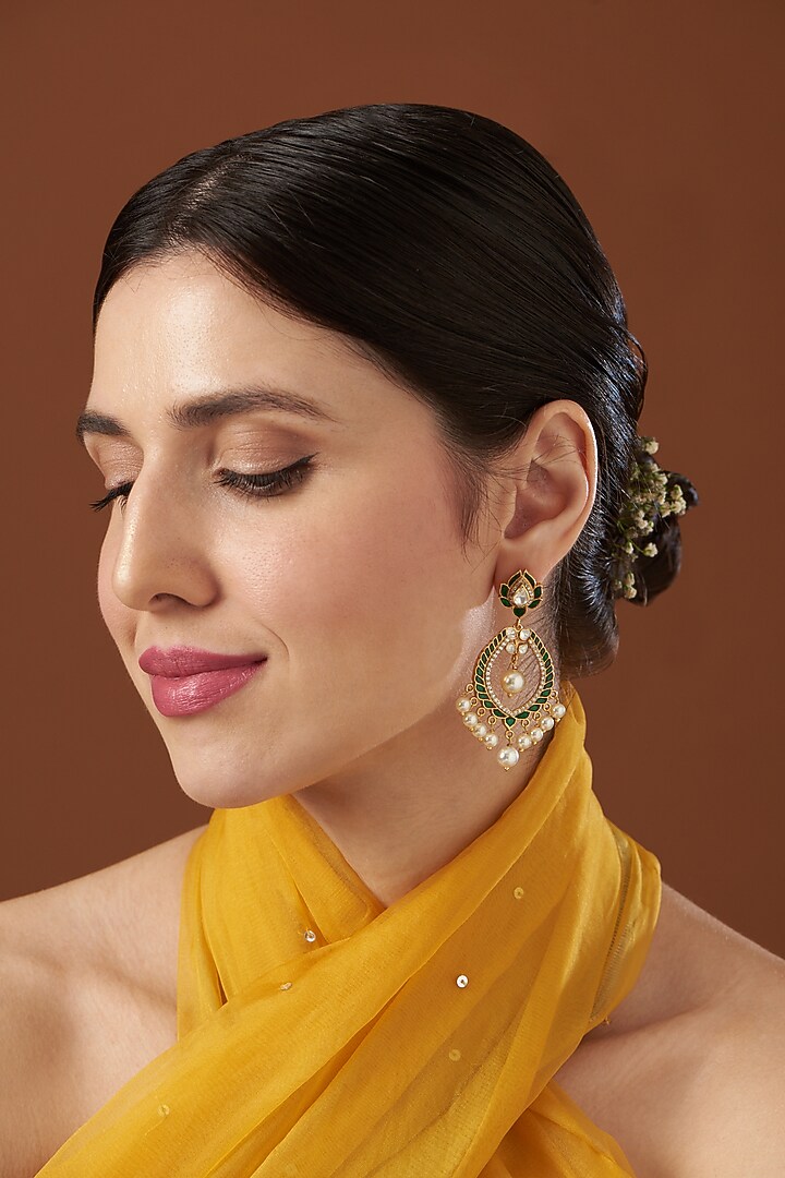Gold Finish Moissanite Polki Earrings in Sterling Silver by Hunar at Pernia's Pop Up Shop