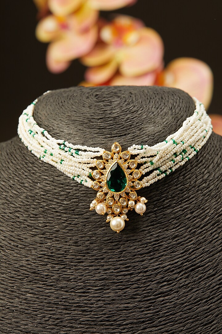 Gold Finish Choker Necklace With Pearls In Sterling Silver by Hunar at Pernia's Pop Up Shop
