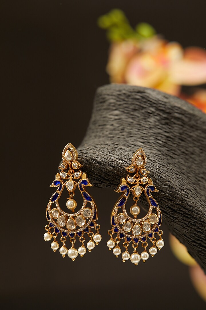 Gold Finish Moissanite Polki Dangler Earrings in Sterling Silver by Hunar at Pernia's Pop Up Shop