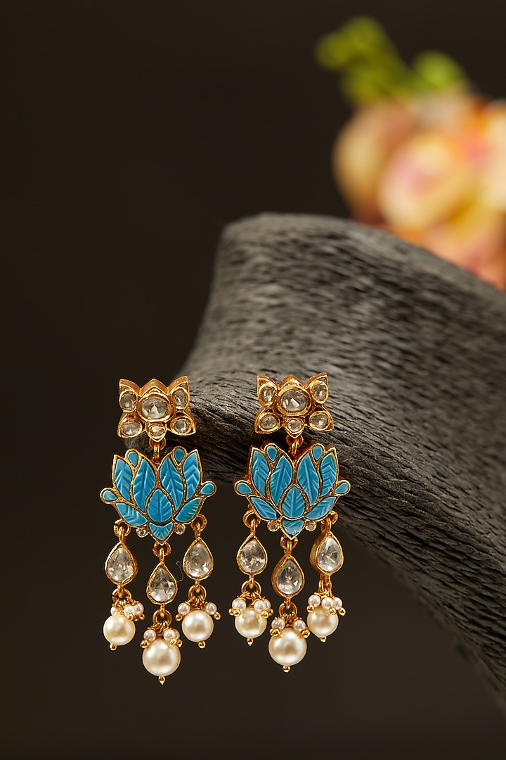 Gold Finish Moissanite Polki Dangler Earrings in Sterling Silver by Hunar at Pernia's Pop Up Shop