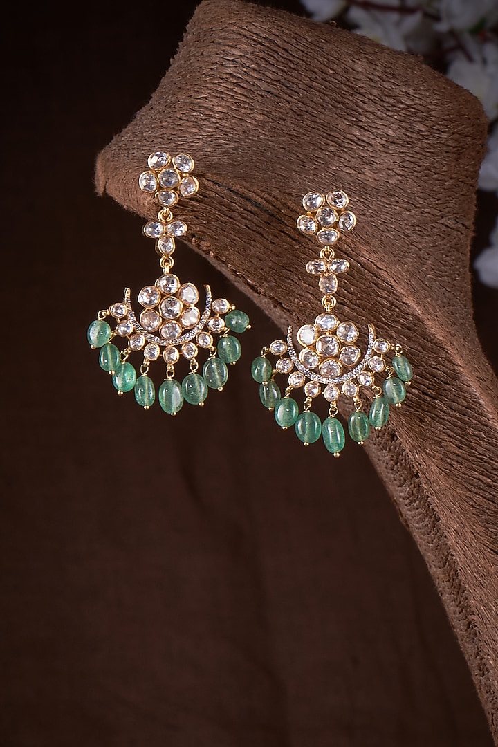 Gold Finish Moissanite Polki & Green Stone Chandbali Earrings In Sterling Silver by Hunar at Pernia's Pop Up Shop