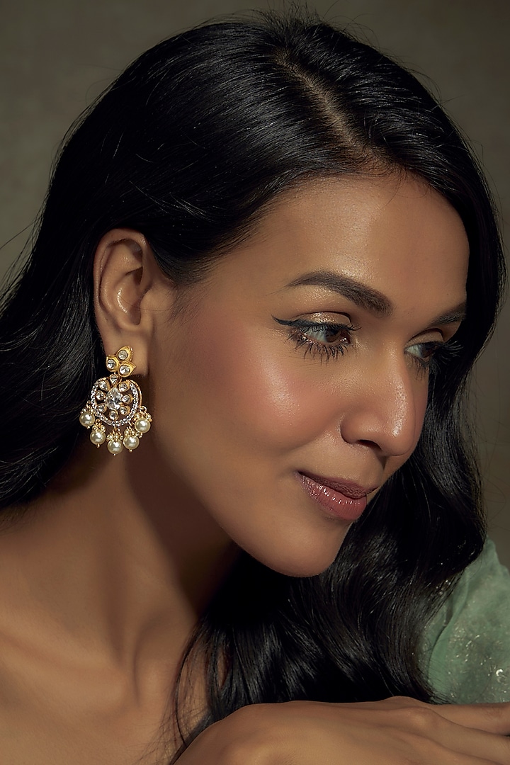 Gold Finish Moissanite Polki Chandbali Earrings In Sterling Silver by Hunar at Pernia's Pop Up Shop