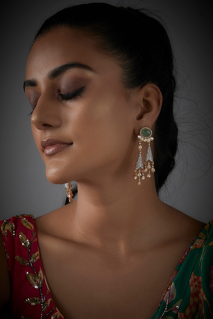 Gold Finish Moissanite Polki & Green Synthetic Stone Dangler Earrings In Sterling Silver by Hunar at Pernia's Pop Up Shop
