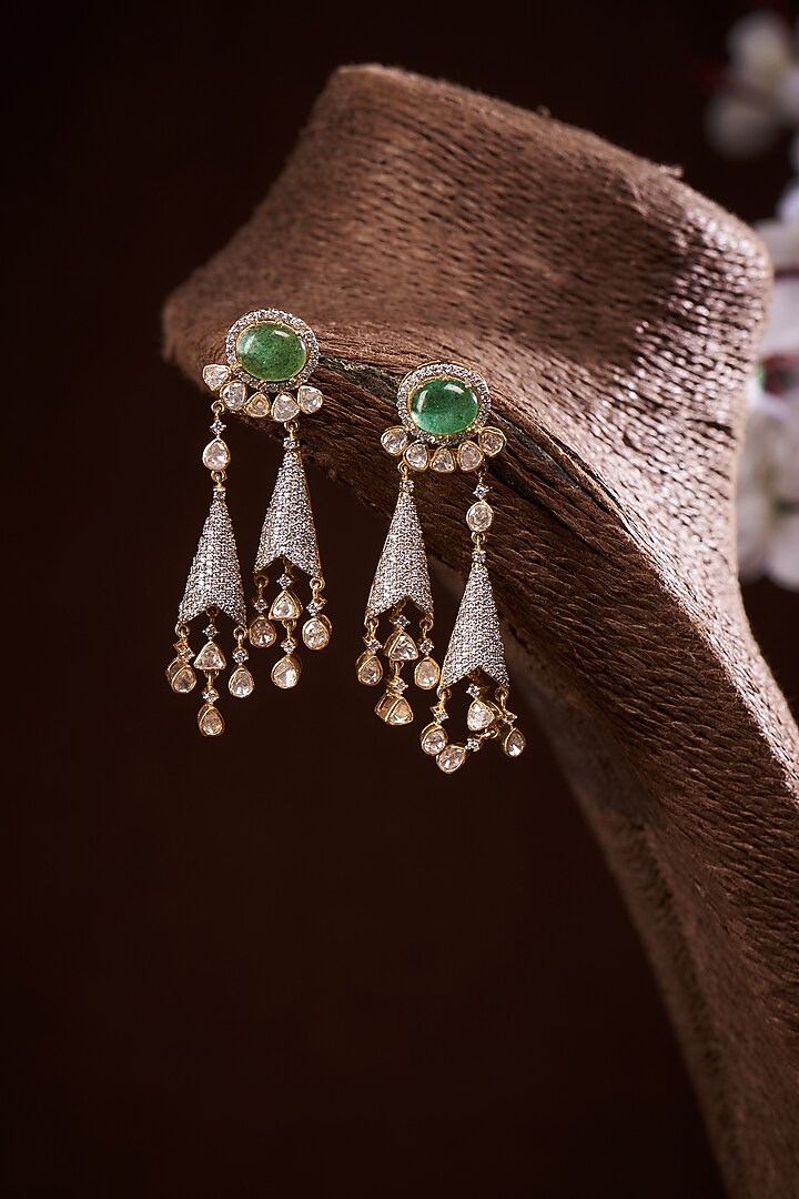 Gold Finish Moissanite Polki & Green Synthetic Stone Dangler Earrings In Sterling Silver by Hunar at Pernia's Pop Up Shop