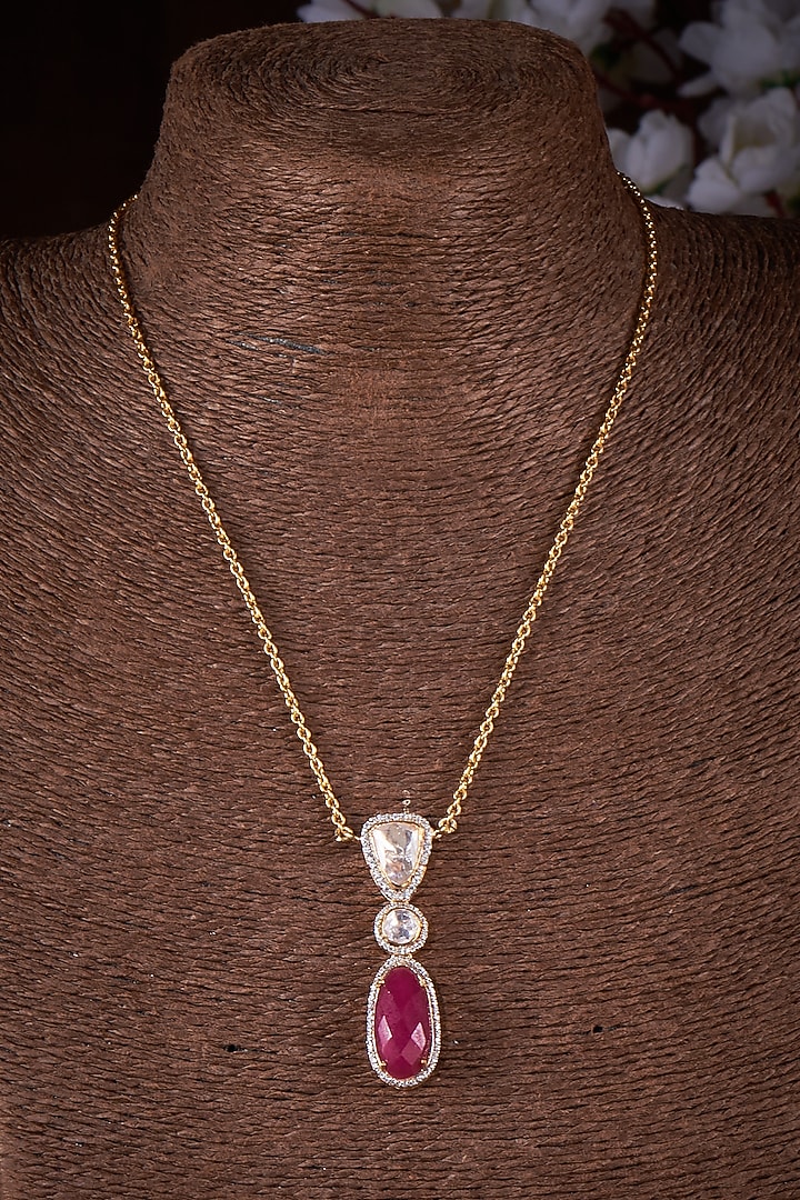 Gold Finish Moissanite Polki & Red Stone Long Necklace In Sterling Silver by Hunar at Pernia's Pop Up Shop