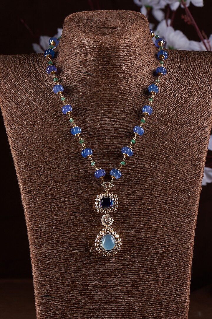 Gold Finish Moissanite Polki & Synthetic Blue Stone Necklace In Sterling Silver by Hunar at Pernia's Pop Up Shop