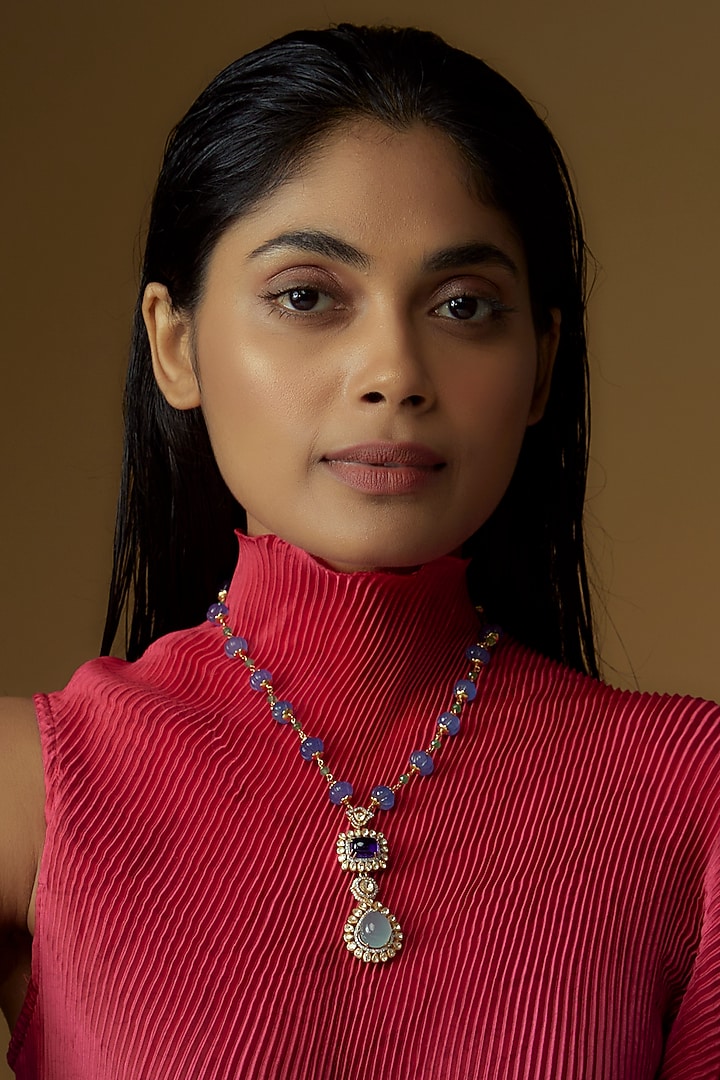 Gold Finish Moissanite Polki & Synthetic Blue Stone Necklace In Sterling Silver by Hunar at Pernia's Pop Up Shop