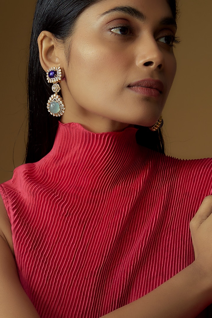 Gold Finish Moissanite Polki & Synthetic Blue Stone Dangler Earrings In Sterling Silver by Hunar at Pernia's Pop Up Shop