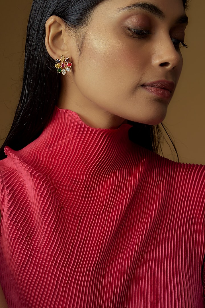 Gold Finish Moissanite Polki & Multi-Colored Stone Stud Earrings In Sterling Silver by Hunar at Pernia's Pop Up Shop